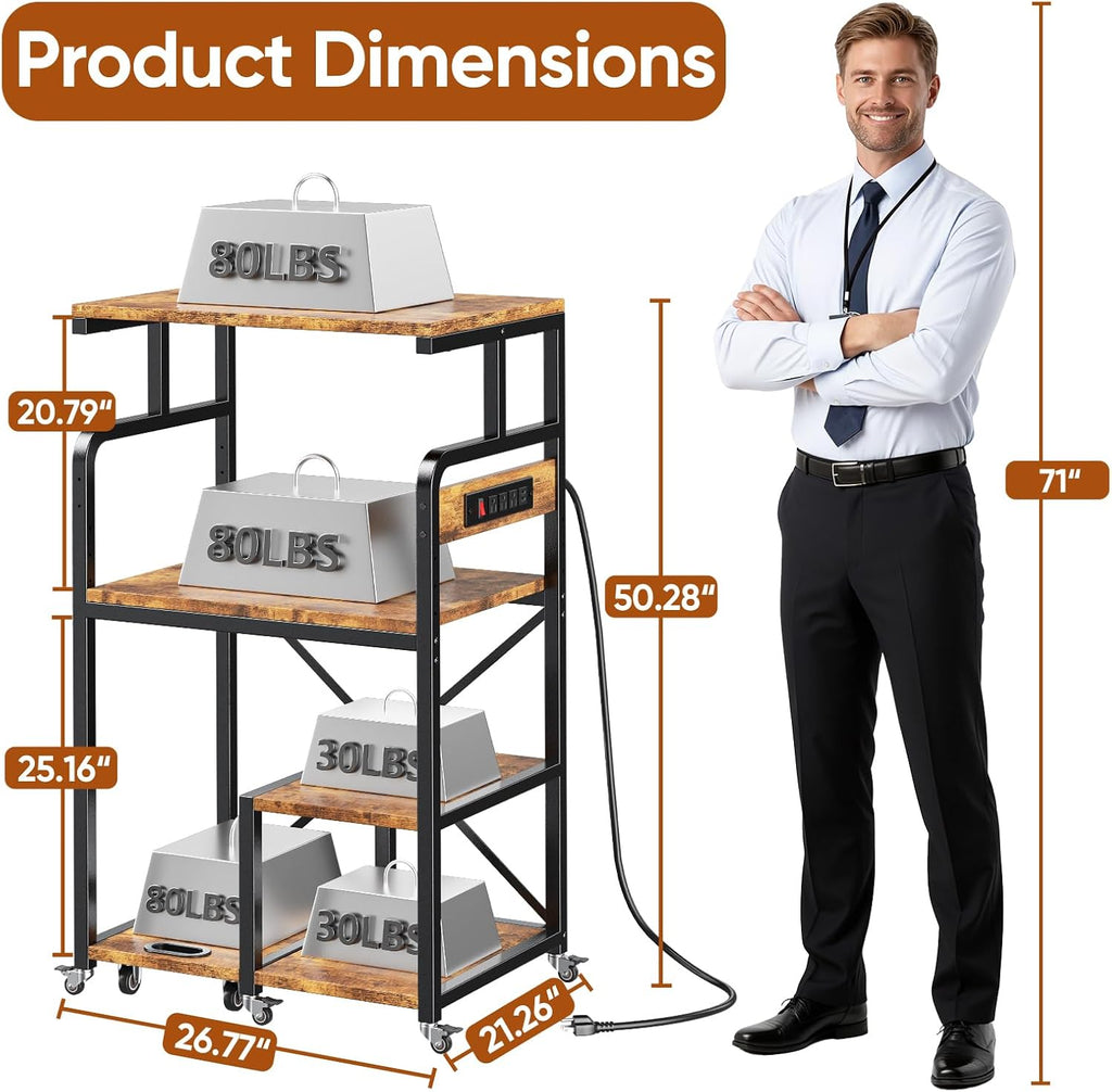 POKIPO Large 4 Tier Printer Stand, 26.7 x 21.2 x 50.2 Inches Tall Printer Cart with Power Outlets 4-Adjustable Heavy Duty Rolling Shelf for Home Office Kitchen Stand for Paper Shredder Mini Fridge