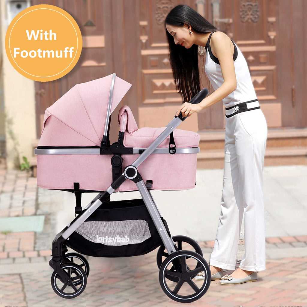 Lortsybab 2-in-1 Baby Stroller - Folding Infant Newborn Pram Stroller with Reversible Seat - Toddler Strollers for 0-36 Months Old Babies (Pink)