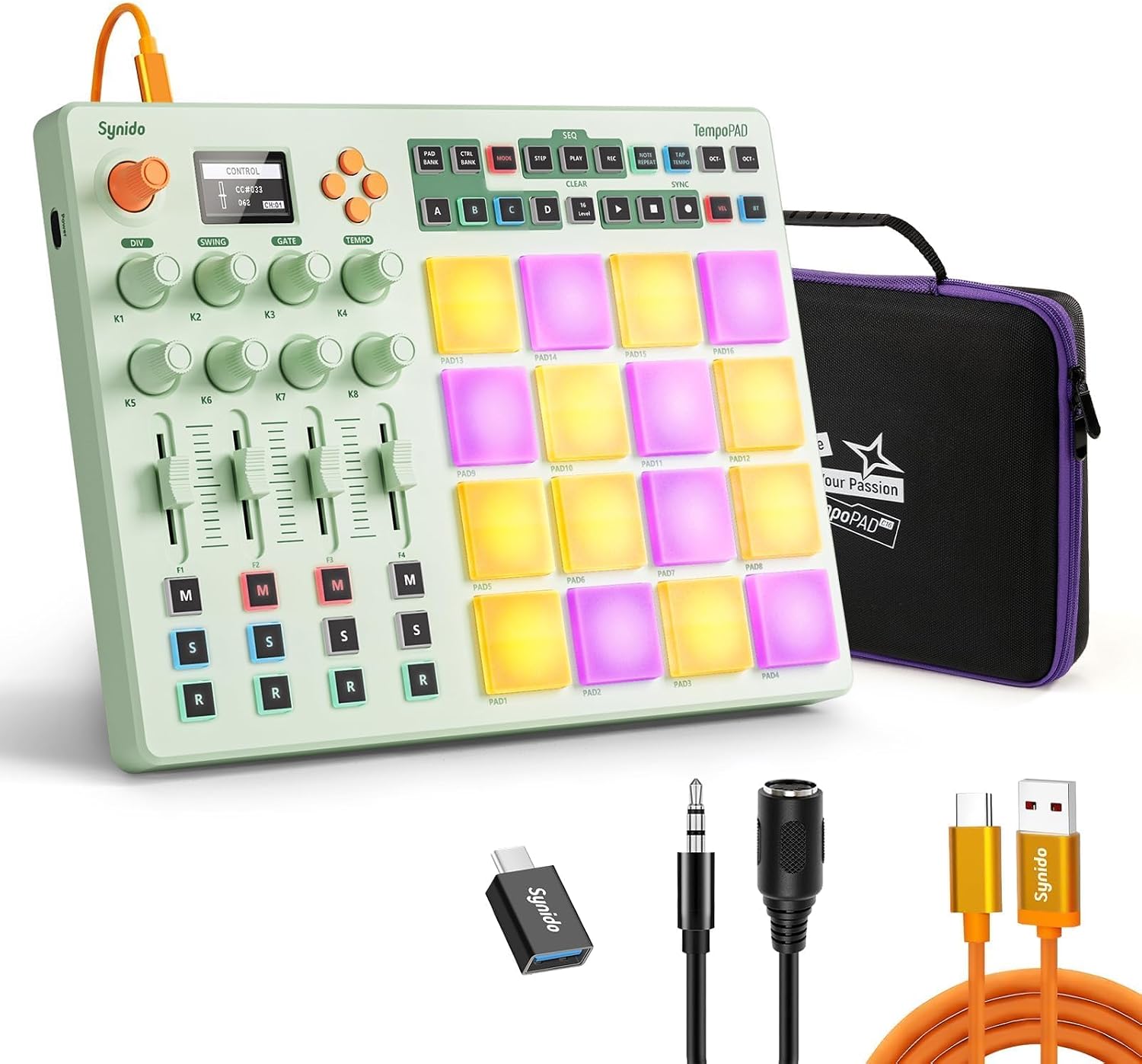 Synido Wireless MIDI Pad Controller, USB Rechargeable Beat Maker Machine for Music Production Professional with 16 RGB Beat Pad, OLED Screen, 16 Step Sequencer, MIDI In/Out/Thru