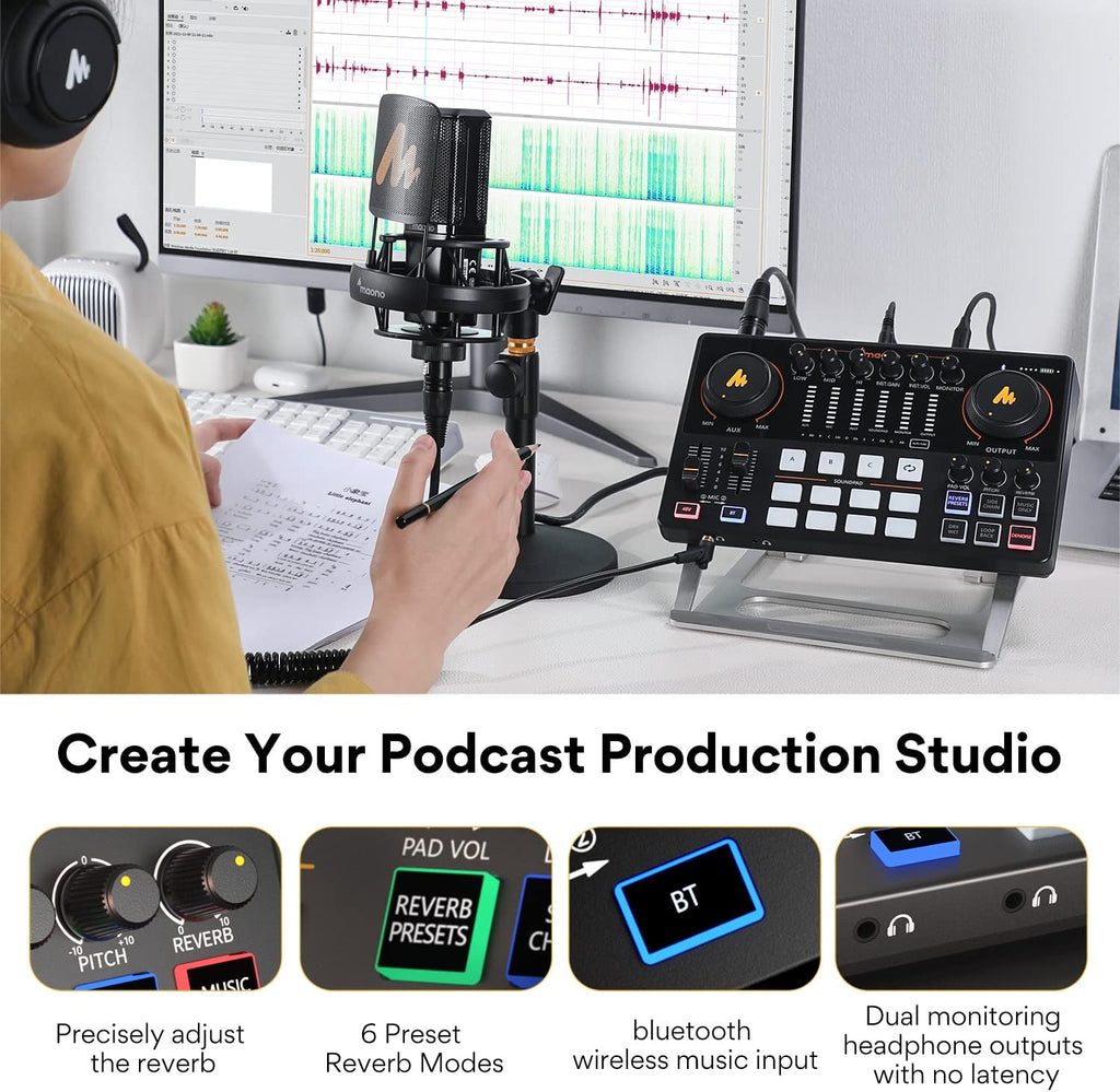 MAONO Podcast Equipment Bundle 10 Channel Audio Interface and XLR Dynamic Microphone MaonoCaster with Pro-preamp, 48V, Bluetooth for Podcast, Streaming, TikTok, Youtube, PC, Smartphone (AME2C Pro)