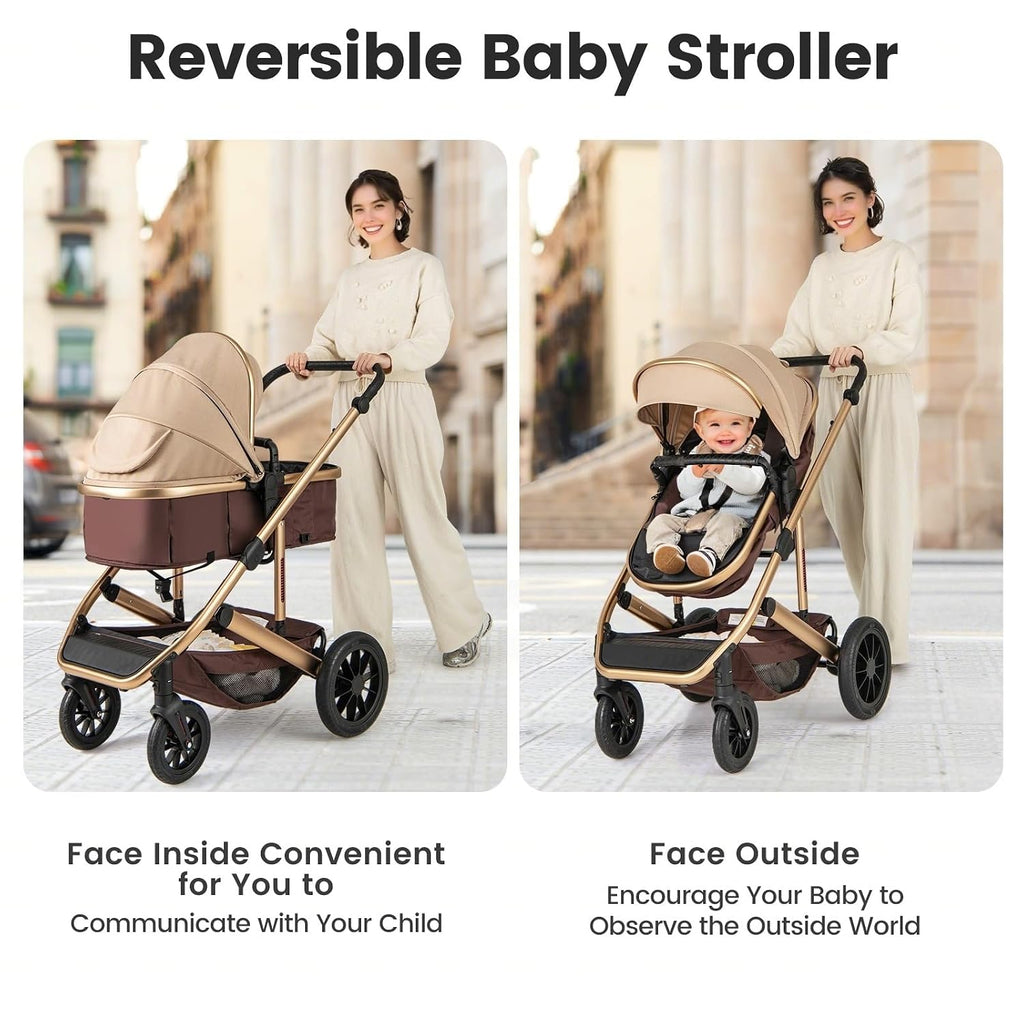 INFANS 2 in 1 Baby Stroller, Folding Newborn Pram Convertible Stroller Bassinet for Infant Foldable High Landscape Shock Absorption with Reversible Seat Aluminum Structure for Pushchair