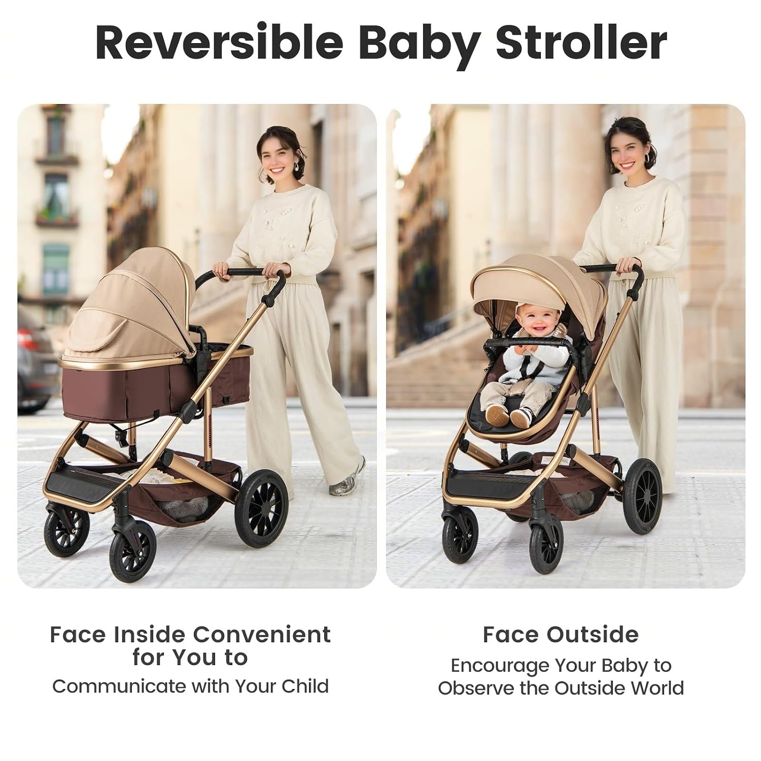 INFANS 2 in 1 Baby Stroller, Folding Newborn Pram Convertible Stroller Bassinet for Infant Foldable High Landscape Shock Absorption with Reversible Seat Aluminum Structure for Pushchair