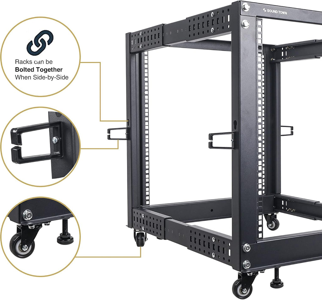 Sound Town 4-Post 25U Open Frame Sever and Network Equipment Rack with Adjustable Depth 22'-40', Casters, Levelers, Cable Management (ST4POF-A25U)