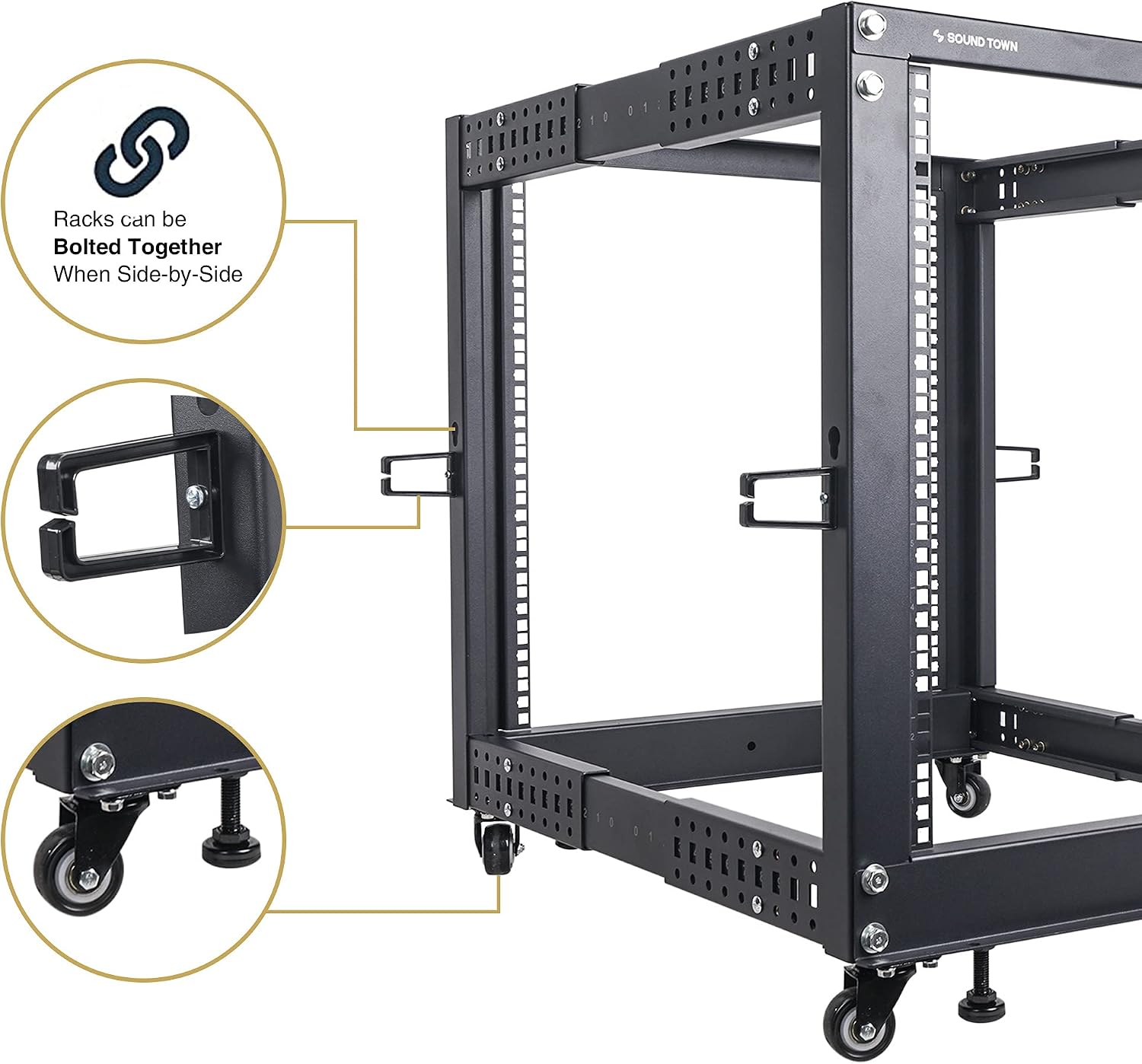 Sound Town 4-Post 25U Open Frame Sever and Network Equipment Rack with Adjustable Depth 22'-40', Casters, Levelers, Cable Management (ST4POF-A25U)