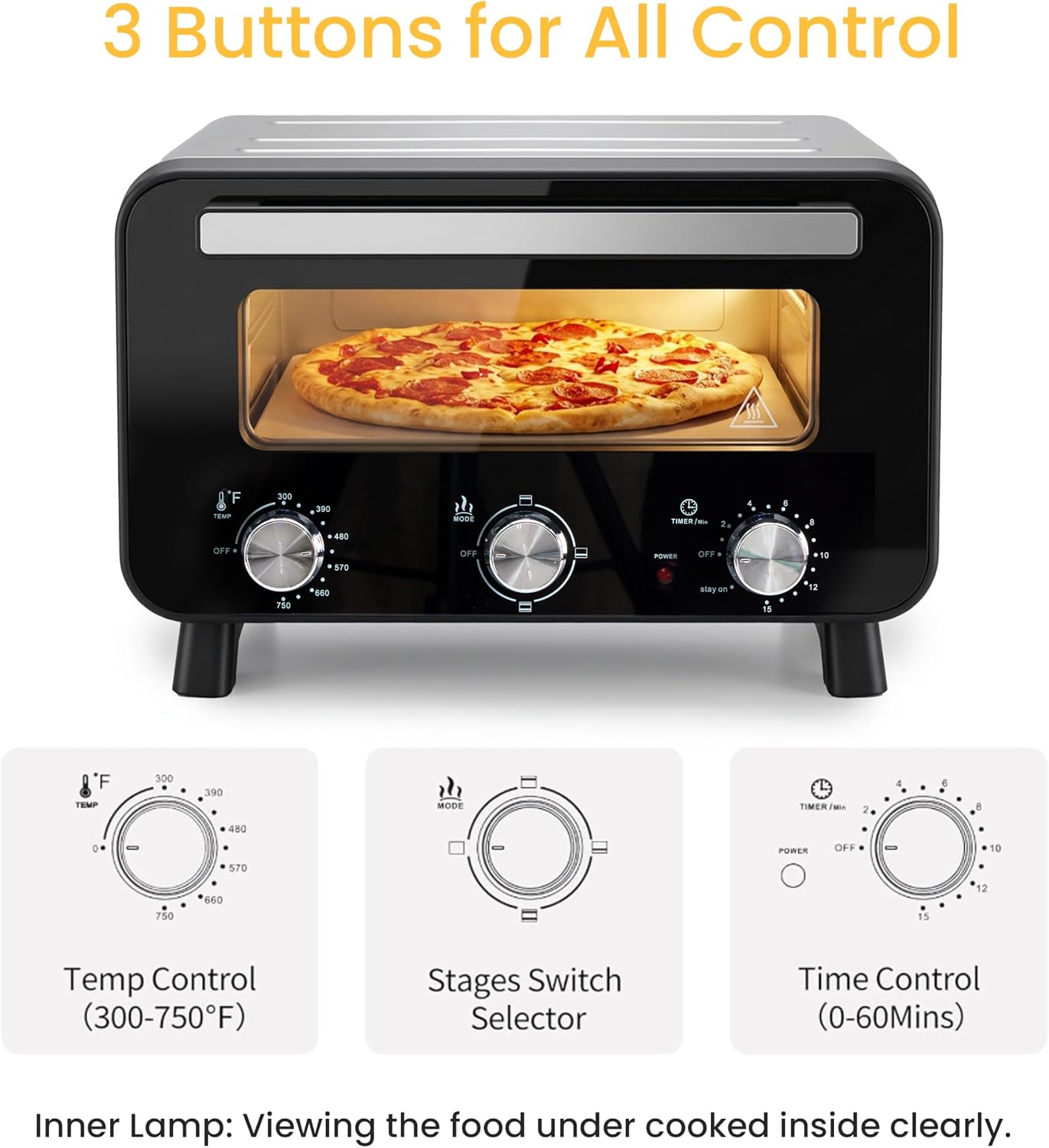 Simple Deluxe 1600W Indoor Electric Pizza Oven, 4 Cooking Modes for 12' Pizza, Fast Heating with Dual Independent Temp Control, Includes Pizza Stone & Spatula, Black