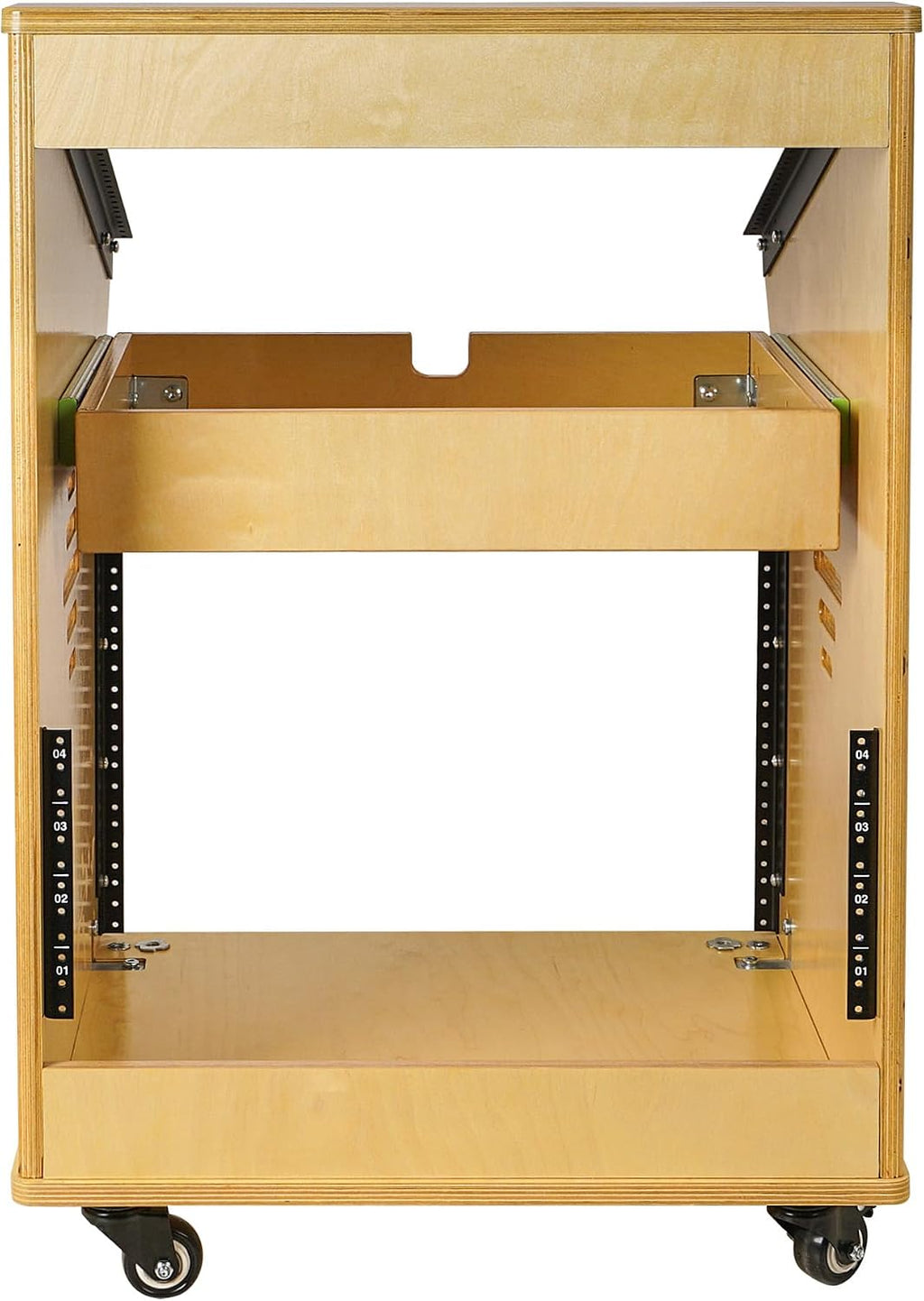 Sound Town DIY Solid Baltic Birch Plywood Studio Rack with 11U Slant Mixer Top, 8U Front, 2U Drawer, Rubber Feet, Casters, Golden Oak (SDRK-M11X8)