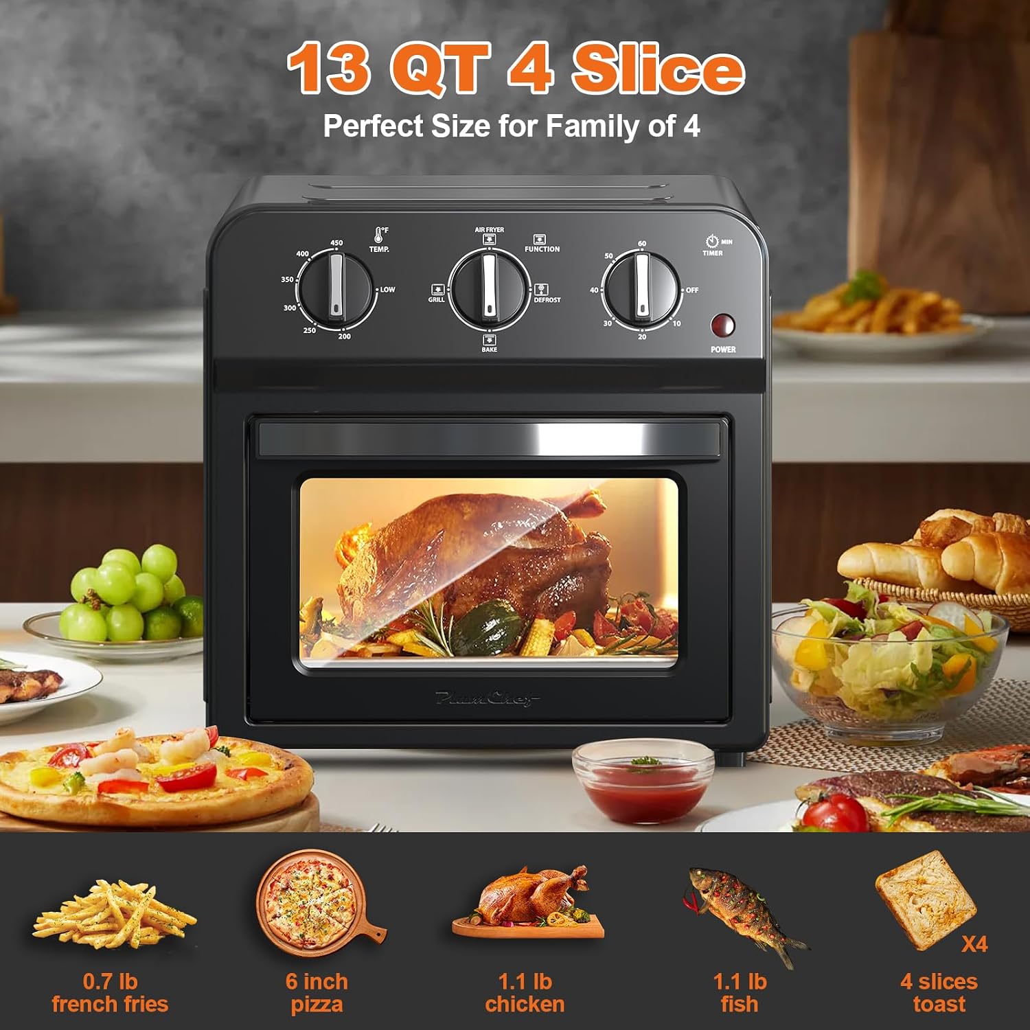 Family Size Air Fryer Toaster Oven Combo,13QT,360° Hot Air Circulation for Healthy Oil-Free Cooking, Multifunctional Convection Contertop Oven, Adjustable Time & Temp Control