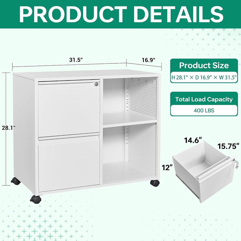 Letaya Mobile File Cabinet, Metal Lateral Rolling Printer Stand Filing Cabinets with Shelves for Home Office-Storage A4/F4/Letter (White)