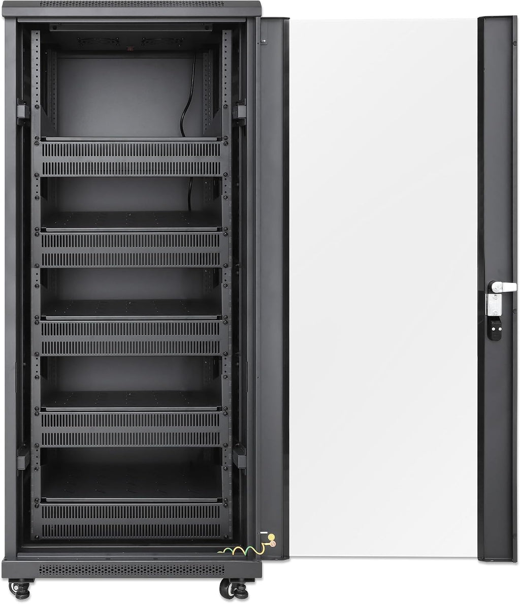 Intellinet 27U Network Server Rack Enclosure Cabinet with Integrated Fans – IP20 Rated, Reversible Tempered-Glass Front Door, Removable Side Panels – 3 Yr Mfg Warranty
