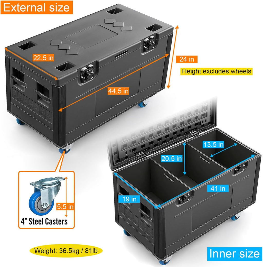 Diandian Cable Trunk Road Case with Wheels and Divider, 44' x 22' x 24' Stackable Heavy Duty ATA Rolling Utility Road Case, for Pro Audio & DJ Equipment Storage, Transport for Touring with Casters