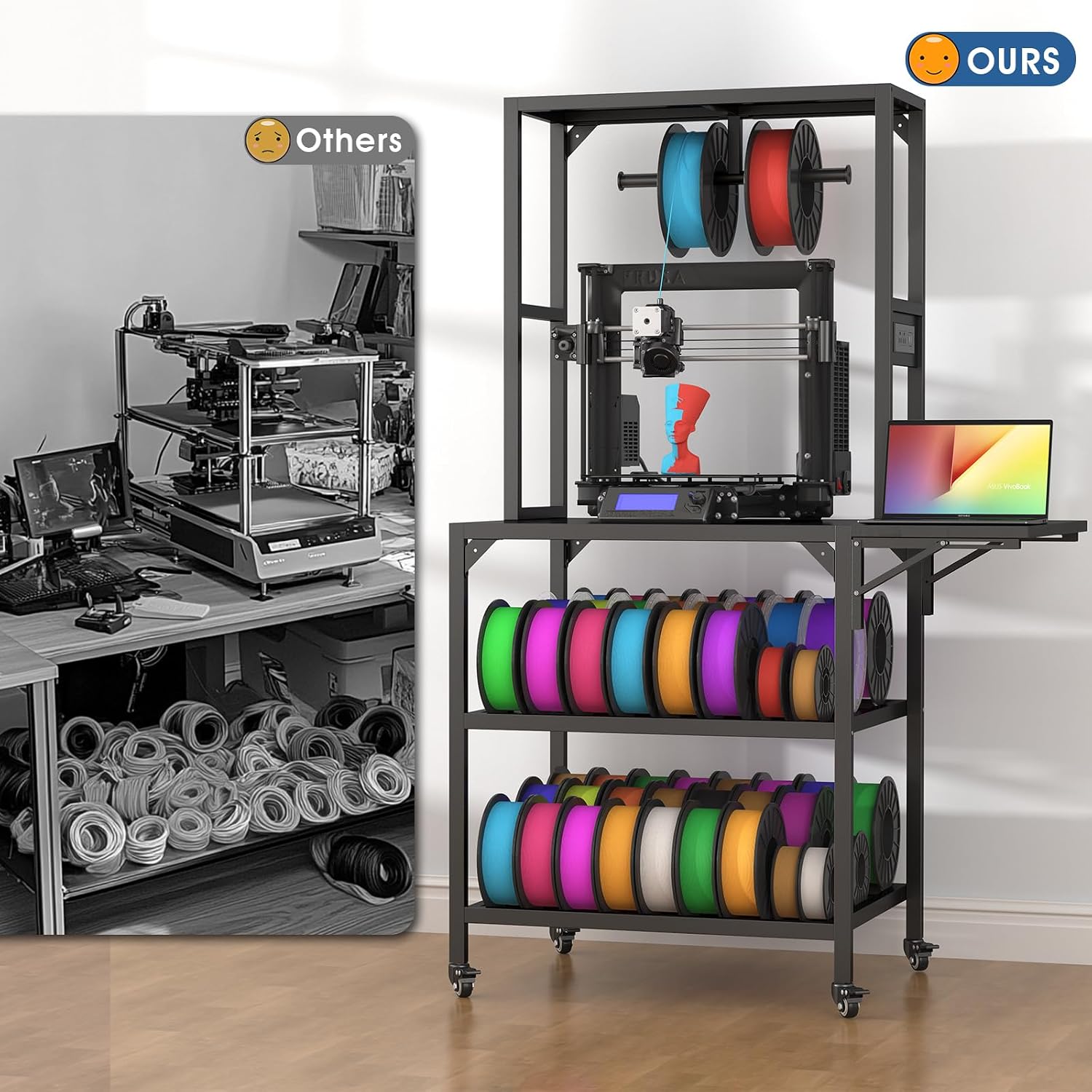 3D Printer Stand, Heavy Duty 3D Printer Table Stand with Filament Storage Rack, T-Shaped Spools Holder Rack with Wheels, 3D Printer Workbench for 3D Printing Studio, Home Office Workshop