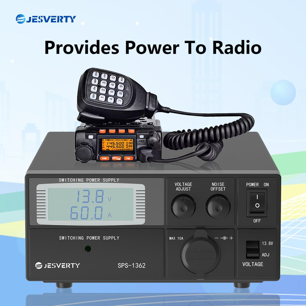 Universal Compact Bench Power Supply- 60 Amp Regulated Home Lab Benchtop AC-to-DC Converter 13.8Volt/9-15Volt, Cooling Fan, Screw Type Terminals - Jesverty SPS-1362