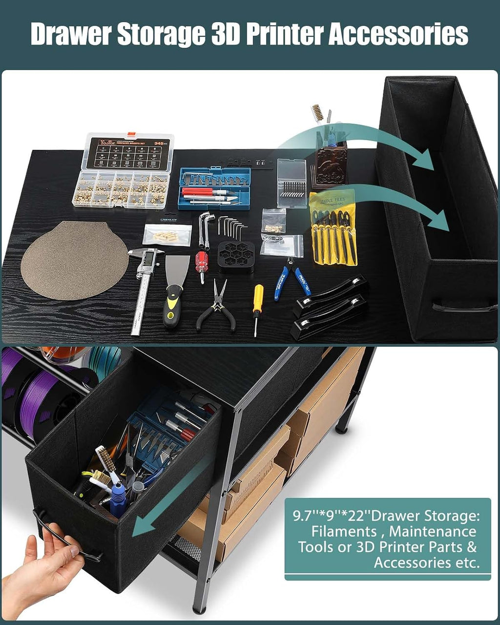 3D Printer Table with Filaments Storage - 3D Printer Stand Filament Storage Rack Heavy Duty 3D Print Desk with Drawer for Workshop Studio Office (Black)