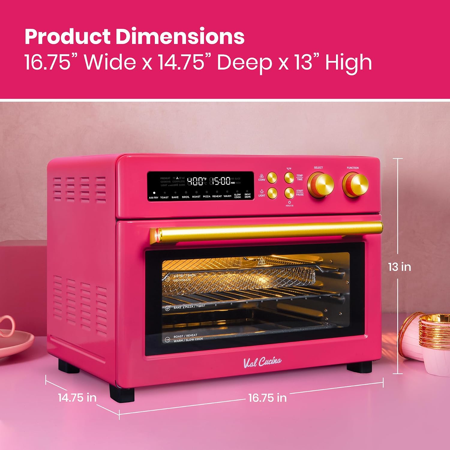 VAL CUCINA Limited Edition Happy Pink Infrared Heating Air Fryer Toaster Oven, Extra Large Countertop Convection Oven 10-in-1 Combo, 6-Slice Toast, Enamel Baking Pan Easy Clean with Recipe Book