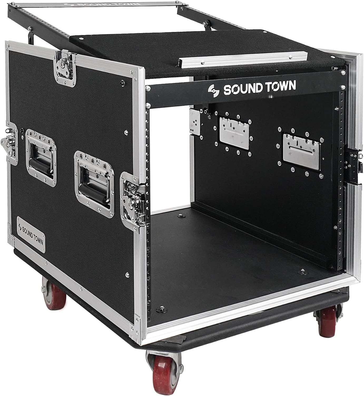 Sound Town Enhanced Thickness 1/2' (12mm) Plywood 10U Audio Rack/Road Case with 14U Slant Mixer Top, 25'' Rackable Depth and Casters-Pro Tour Grade (STMR-DE10UW)