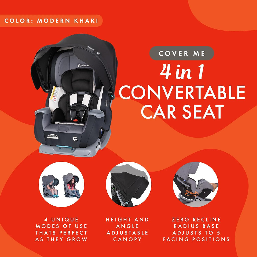 Baby Trend Cover Me 4-in-1 Infant Toddler Convertible Car Seat with Adjustable/Removable Canopy for Sun Protection & 2 Cup Holders, Black
