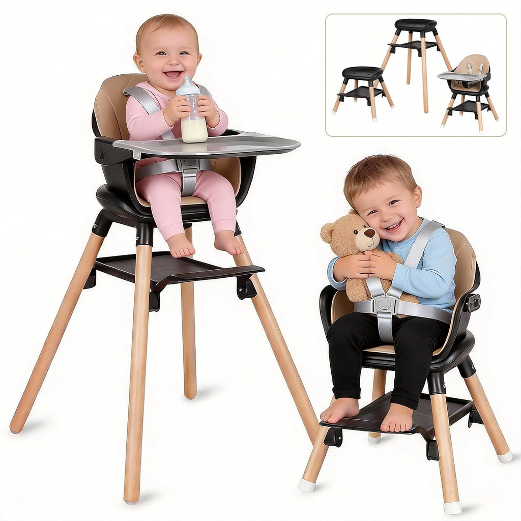 6 in 1 Baby High Chair, Convertible Wooden High Chairs/Booster Seat for Babies and Toddlers, Baby Feeding Chair with 5-Point Harness/Double Removable Tray & Adjustable Footrest (Black)