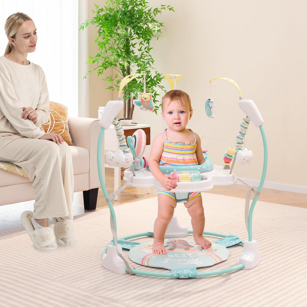 HONEY JOY Baby Bouncer Activity Center, Infant Jumper and Table w/ 360° Rotary Seat, 3 Adjustable Heights, Mat, Music, Lights, Sounds & Developmental Toys, Activity Center for Babies 6+ Months, Blue