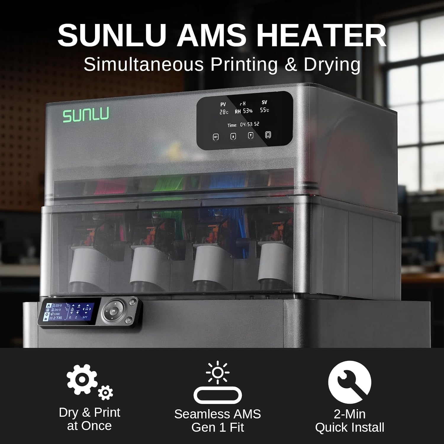 SainSmart SUNLU AMS Heater Upgrade for Bambu Lab AMS Gen 1, Simultaneous Filament Drying & Printing, Fast 70°C Heating, Smart Humidity Control, 4-Roll Capacity, Easy 2-Min Install (AMS Not Included)