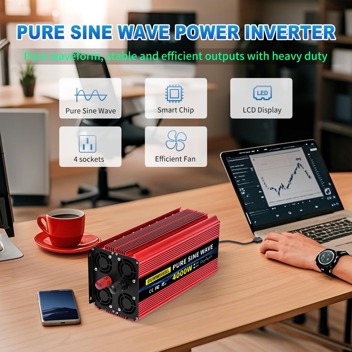SUNWHEEL 4000W Pure Sine Wave Inverter, Solar Off-Grid Inverter, 12V DC to 110V 120V AC for RV、Microwave、Truck、Refrigerator、Freezer、TV、Air Conditioner with 4 AC outlets and LCD Display