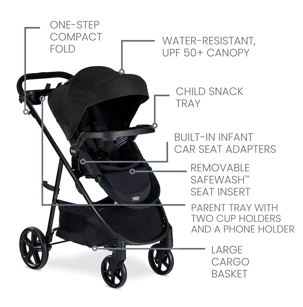 Britax Willow Brook S+ Travel System, Infant Car Seat Stroller Combo with Willow S Infant Car Seat, Alpine Base, and Brook+ Stroller; ClickTight Technology, SafeWash Insert and Cover — Raven Black