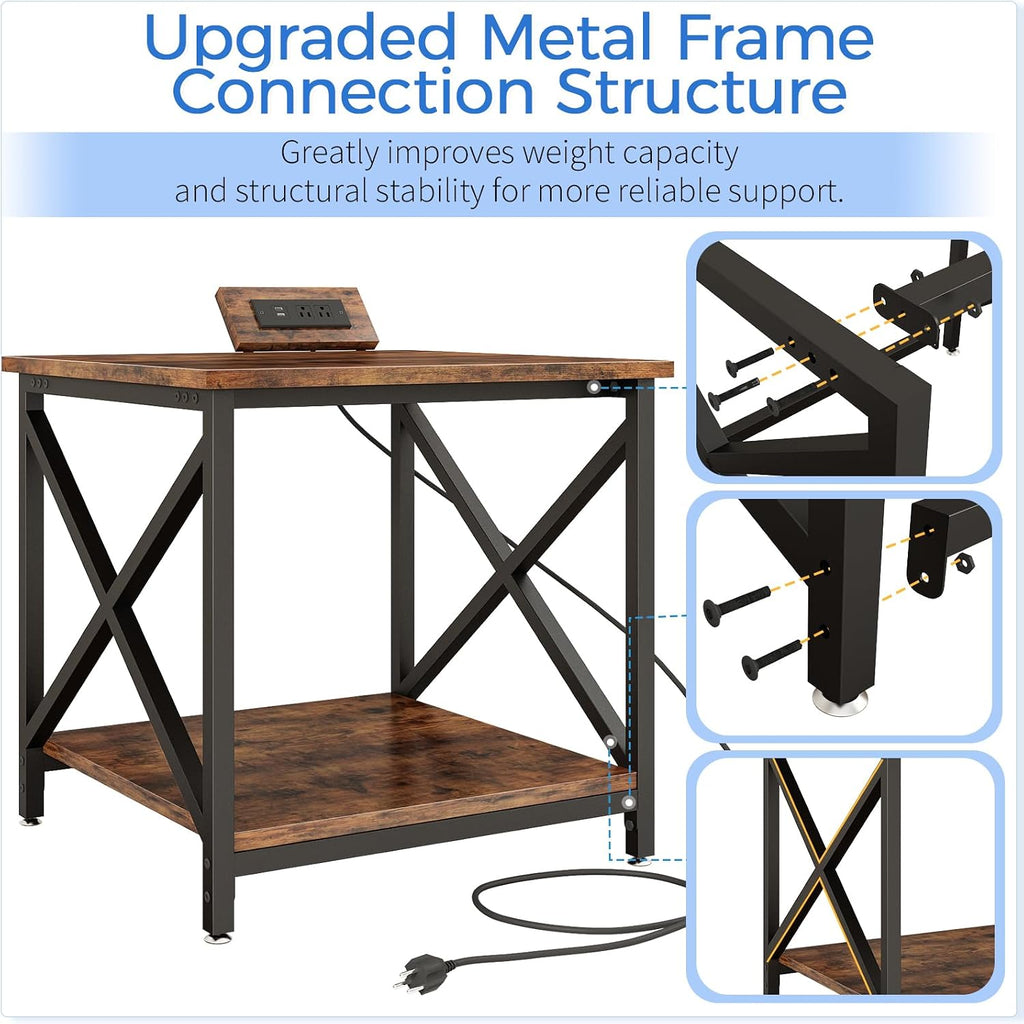 METYERRY Large Printer Stand with Power Outlet, with Storage Shelf, 2 Tier Rolling Printer Cart with Industrial Wheels, 23.6 x 23.6 Inches Printer Table for Home Office,Rustic Brown