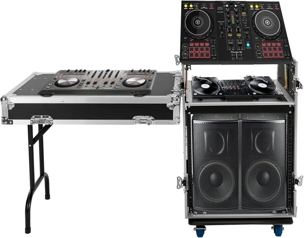 12U PA DJ Rack with 4 Wheels, Heavy-Duty Mobile Audio Equipment Cabinet with Side DJ Table Top, 661 lbs Capacity Studio Rack for Mixer, Amplifier, Speakers (12U /Side Table)