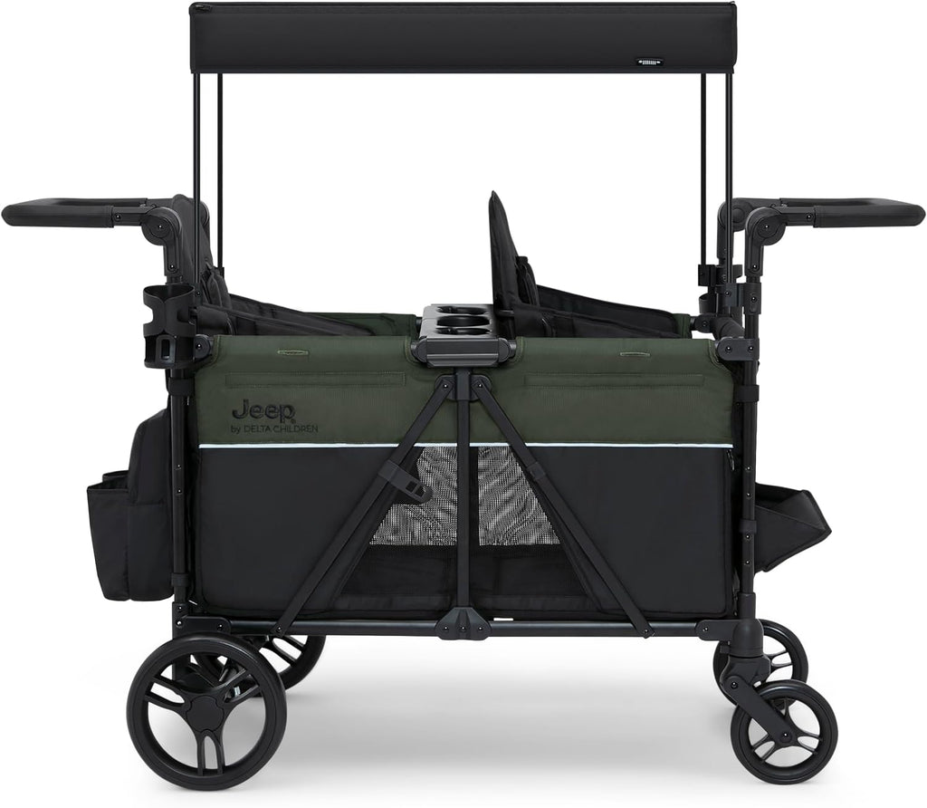 Jeep Aries Stroller Wagon by Delta Children Premium Wagon for 2 Kids with Convertible Seats, Adjustable Push/Pull Handles, Removable Canopy & Flat Fold - Greenguard Gold Certified, Black/Green