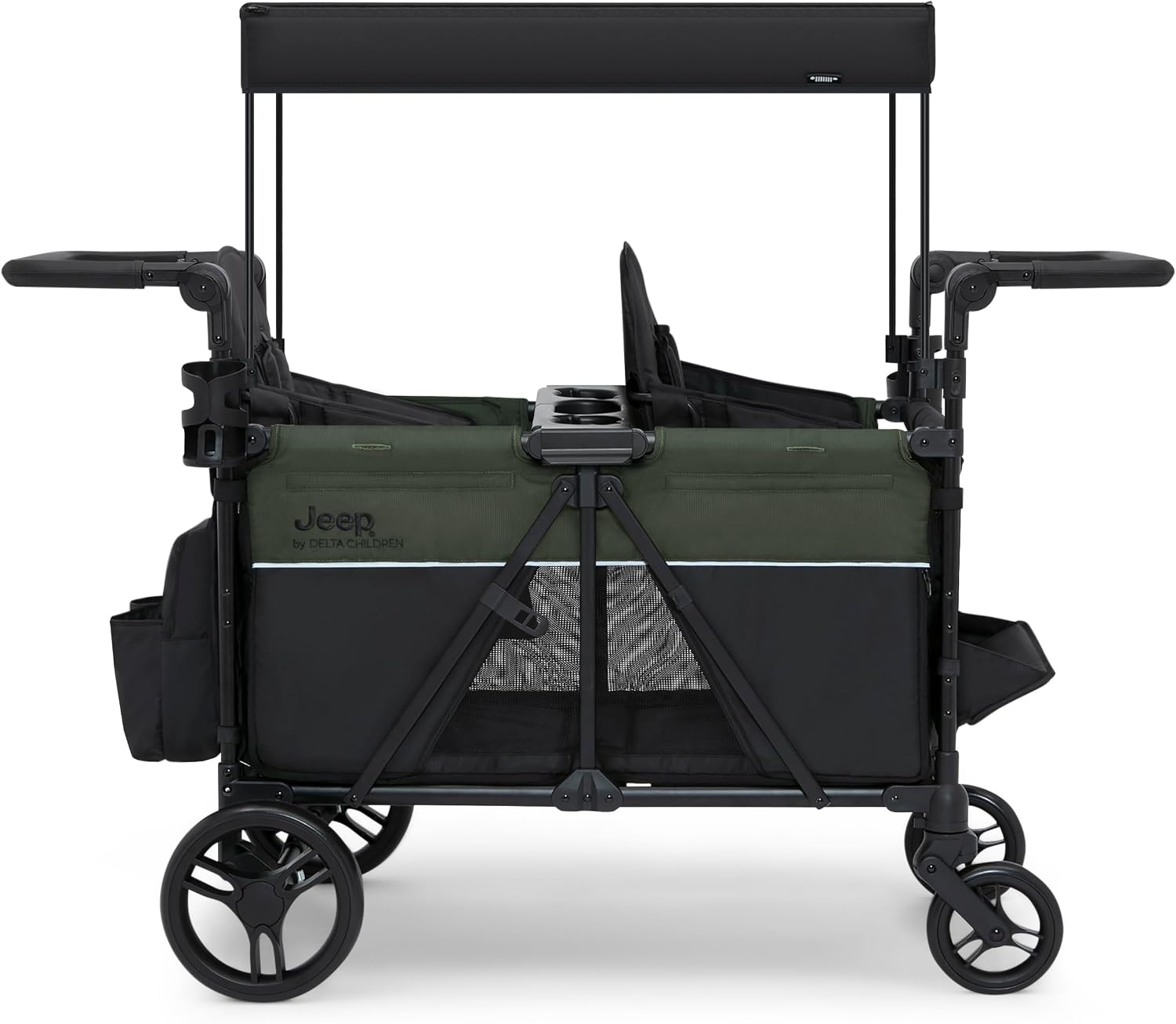 Jeep Aries Stroller Wagon by Delta Children Premium Wagon for 2 Kids with Convertible Seats, Adjustable Push/Pull Handles, Removable Canopy & Flat Fold - Greenguard Gold Certified, Black/Green