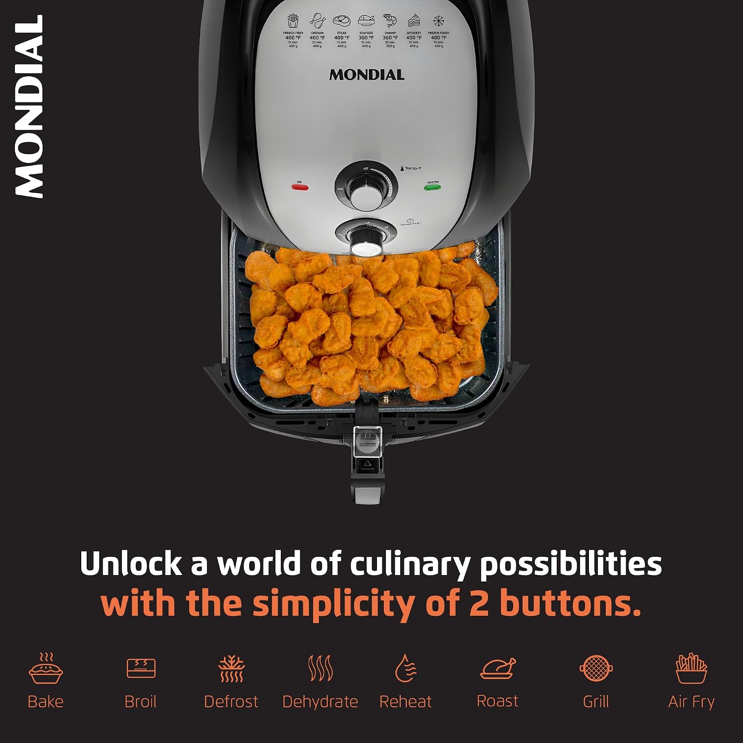 MONDIAL Air Fryer - 8.6 Quart Extra-Large Air Fryer, 2 Simple Dial Controls, 1800 Watts - Quick Heat Circulation Technology, Low Fat Cooking Less Calories - Removable Squared Basket - Black