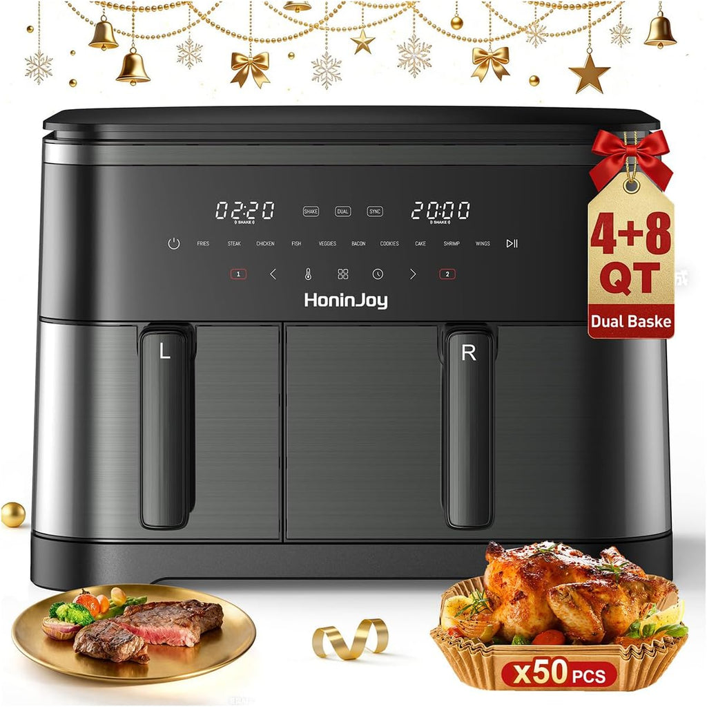 12QT Large Air Fryer with Dual Basket (4QT+8QT), 13-in-1 Digital Touchscreen Double Zone Air Fryers with 50pcs Paper Liners, Sync & Dual, for Bake, Roast, Shake Reminder, Dishwasher Safe