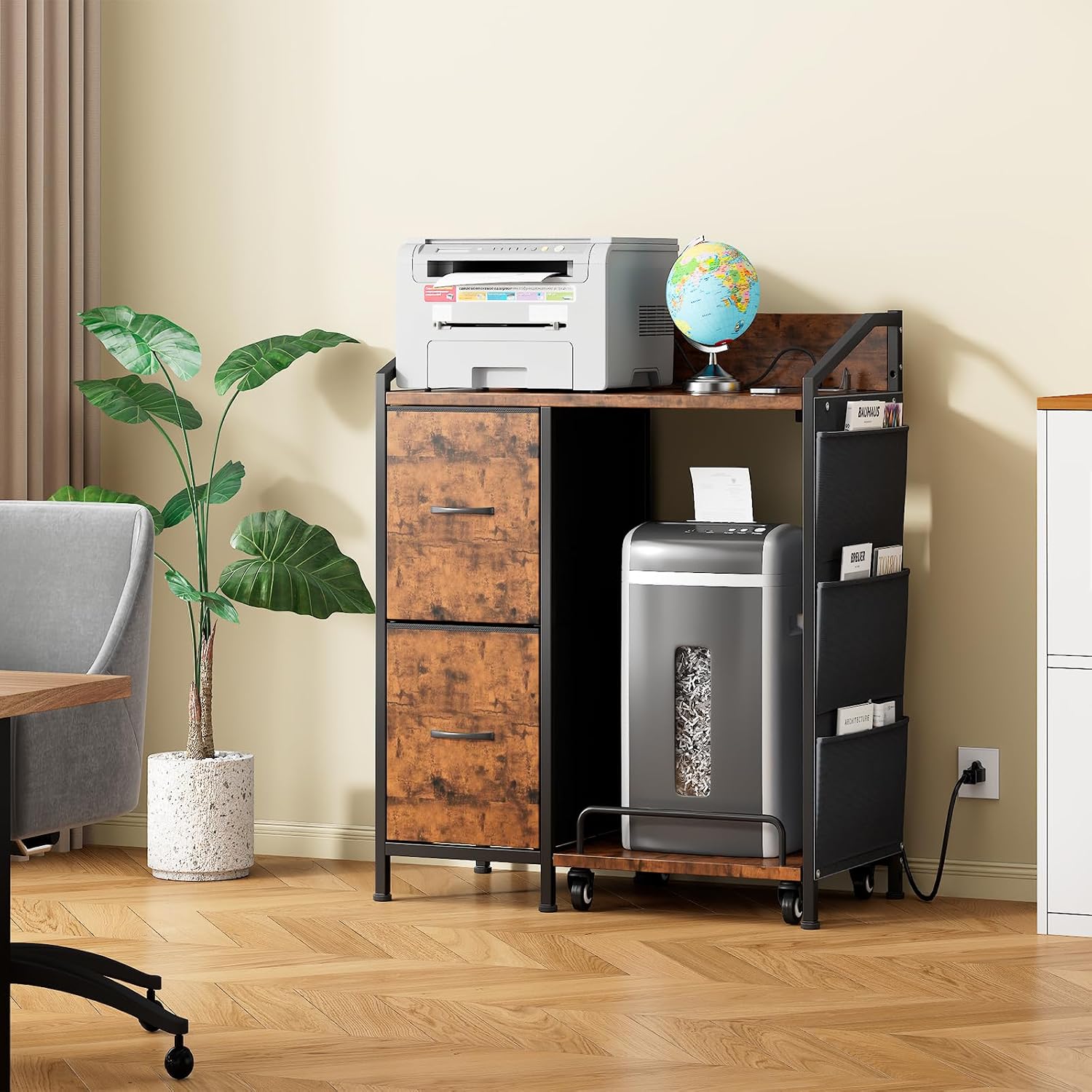 Printer Stand with Storage, Lateral Office Filing Cabinets with Power outlets & USB Charging Port, File Cabinet with Large Printer Stands for Home Office, Shredder Stand Rack (Rustic Brown)