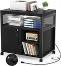 Unikito Lateral File Cabinet, Locking Office Printer Stand with Sockets and USB Charging Ports, Modern Rolling Printer Desk with Storage for A4, Letter Size and File Folders, Black