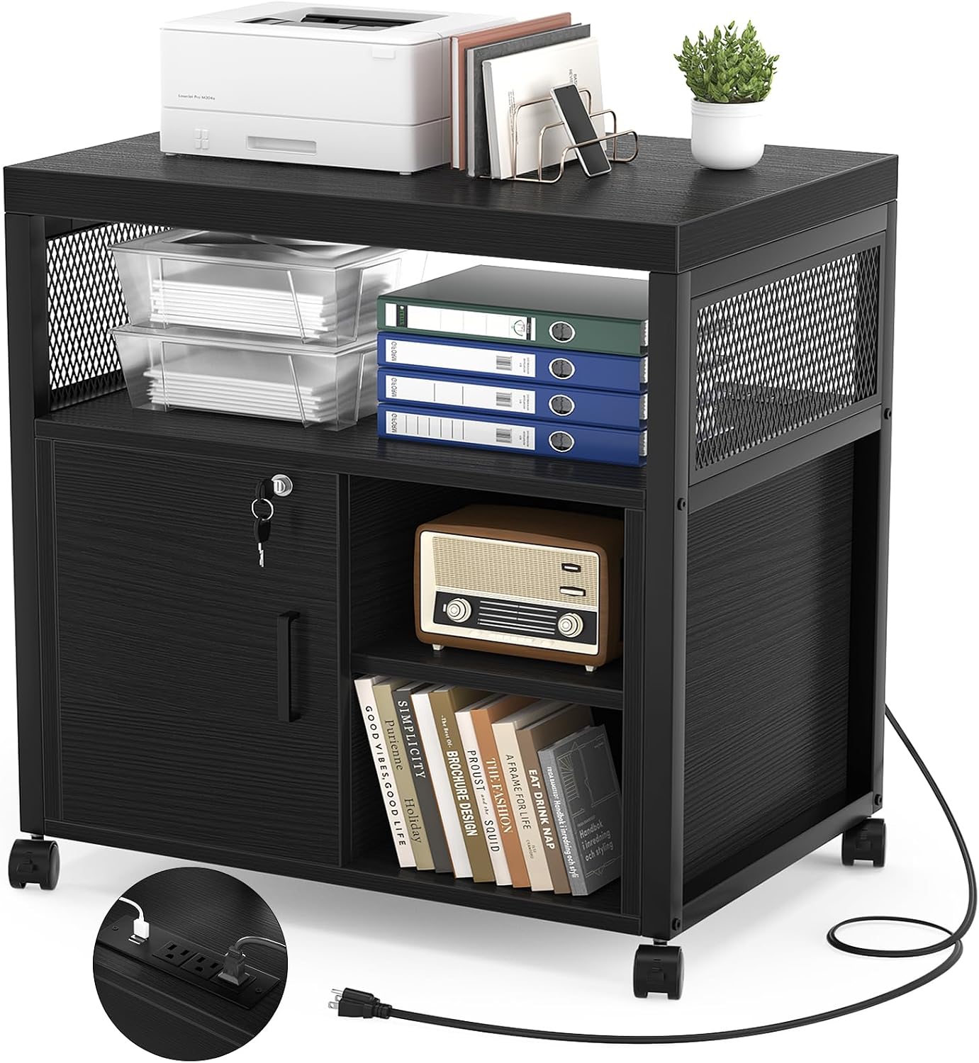 Unikito Lateral File Cabinet, Locking Office Printer Stand with Sockets and USB Charging Ports, Modern Rolling Printer Desk with Storage for A4, Letter Size and File Folders, Black