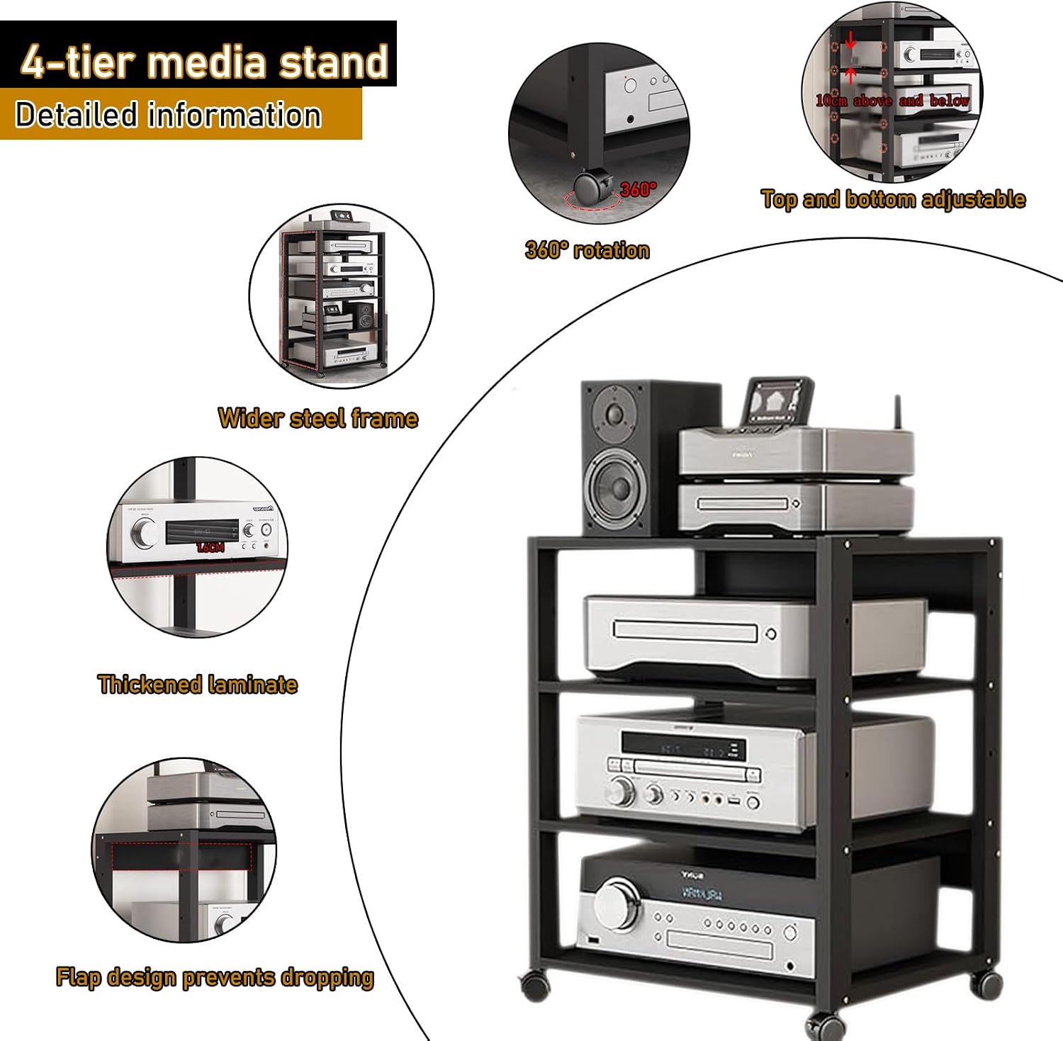 4 Tier Audio Rack Tower, CD Record Player Stereo Receiver AV Equipment Cabinet Display Rack, Weight Capacity 661 lbs, with Adjustable Wooden Shelves for Home (4 Tier Black)