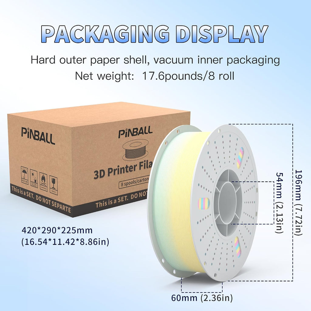 PINBALL Matte Rainbow PLA 3D Printer Filament 1.75mm Multi-Color Changing Filament 3D Printing PLA Filament Dimensional Accuracy +/- 0.02mm 8 KG 8 Colors