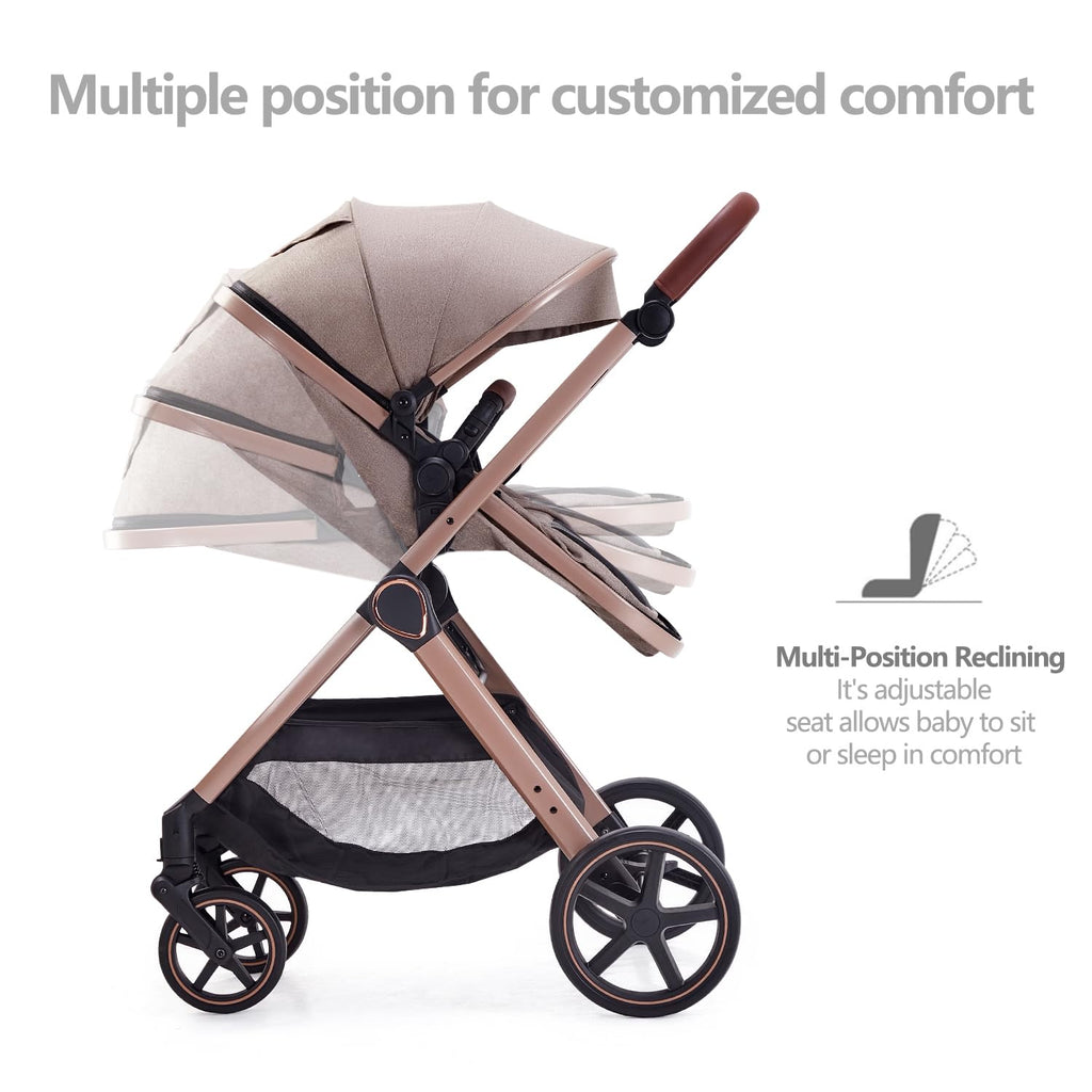 Lortsybab 2 in 1 Baby Stroller, Newborn Infant Toddler Convertible Pram Stroller for 0-36 Months Old Babies (Beige)