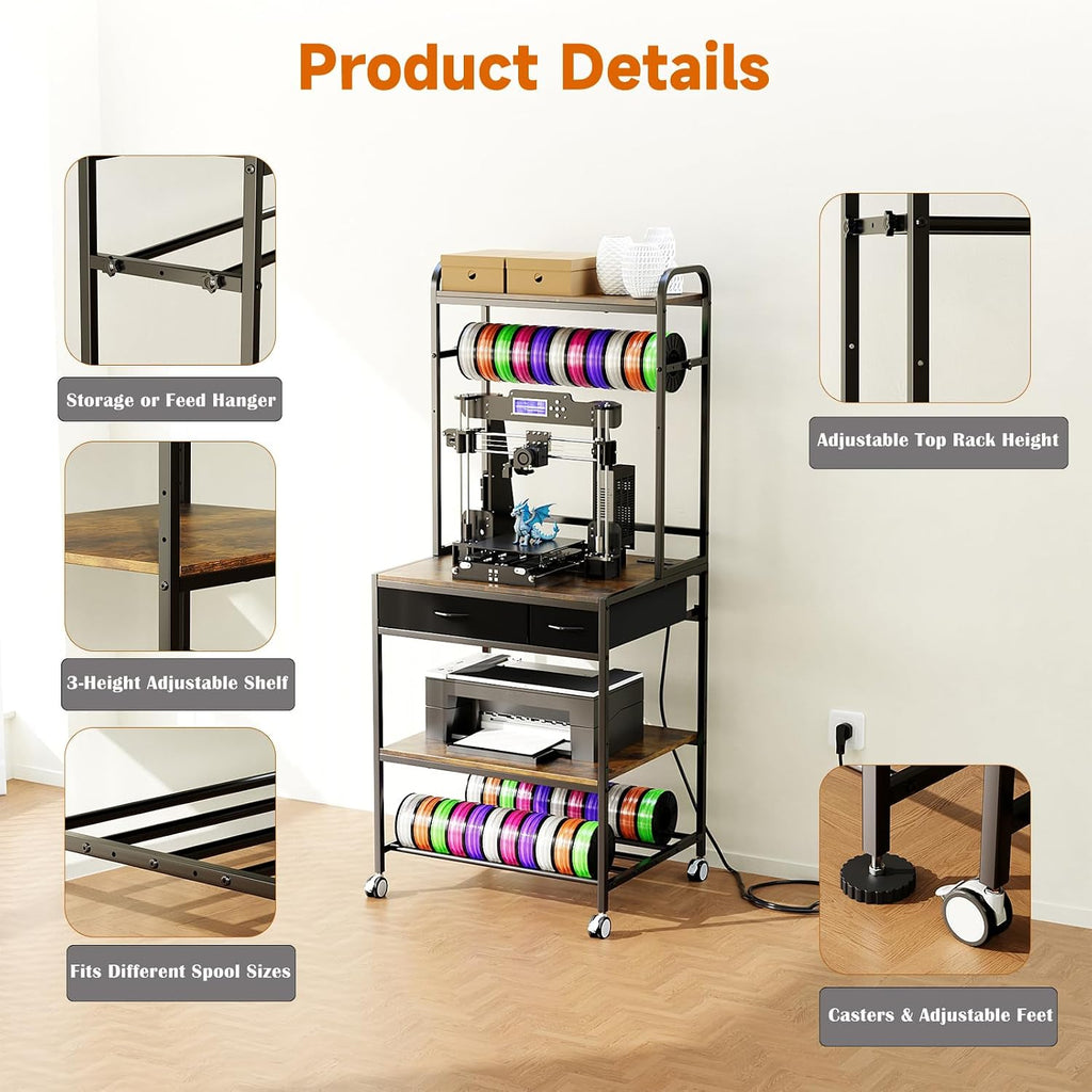 RoleDes Heavy Duty 3D Printer Stand with Filament Rack & Spool Holder System,Drawer Tool Storage with Adjustable Shelves, Large Printing Table & Workstation with Wheels