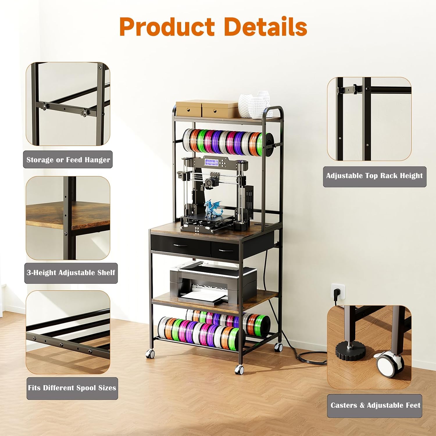 RoleDes Heavy Duty 3D Printer Stand with Filament Rack & Spool Holder System,Drawer Tool Storage with Adjustable Shelves, Large Printing Table & Workstation with Wheels