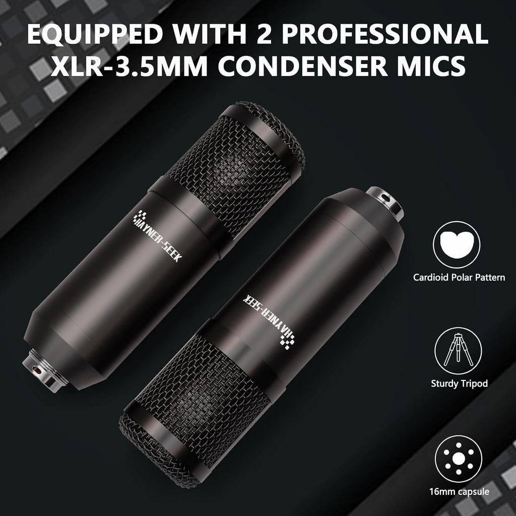 Podcast Equipment Bundle for 2, Audio Interface DJ Mixer with 3.5mm Condenser Microphone for PC, Smartphone, Voice change,RGB for Recording, Streaming, Podcasting, Gaming, COMMANDER M100 3rd