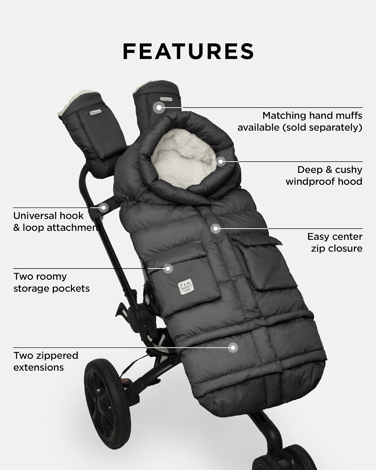 7AM Enfant Stroller Blanket 212 - Adjustable Baby Car Seat Zipped Blanket for Babies Winter, Unisex Multi Purpose Fleece Lined Warm Hooded Toddler Footmuff Water Repellent | (6M - 4T)