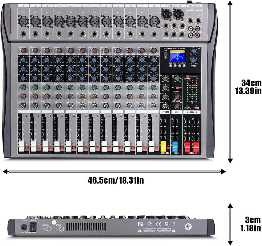 12 Channel mixer professional Audio Mixer, dj mixer with Individual Channel Control and USB Audio Recording & Editing via Computer, All-Metal mezcladora para dj (12 Channel)