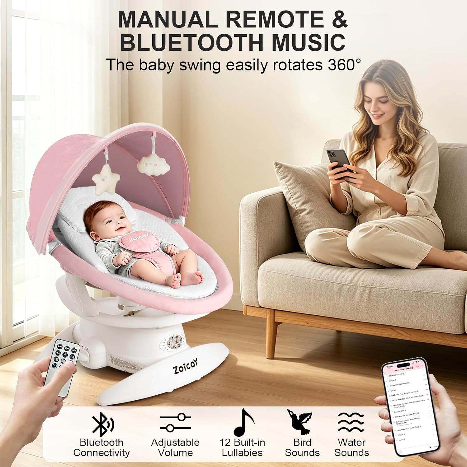 3-in-1 Baby Swing for Infants to Toddler, Infant Swing with 5 Speeds & 3 Swing Modes, 12 Melodies, Electric Swing for Baby, Up to 25 lbs, Pink
