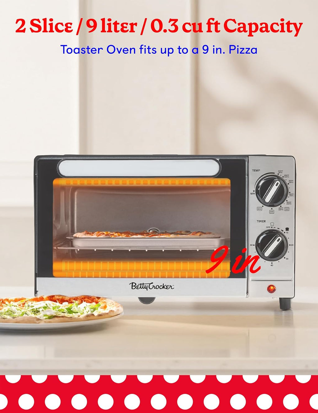 Betty Crocker 9L Toaster Oven, 2-Slice Toaster with Chrome Plated Front, Stainless Steel Handle, Bake, Broil & Toast Functions, Easy Control Dials, Includes Baking Pan & Rack, BC-5665B, Black/Silver