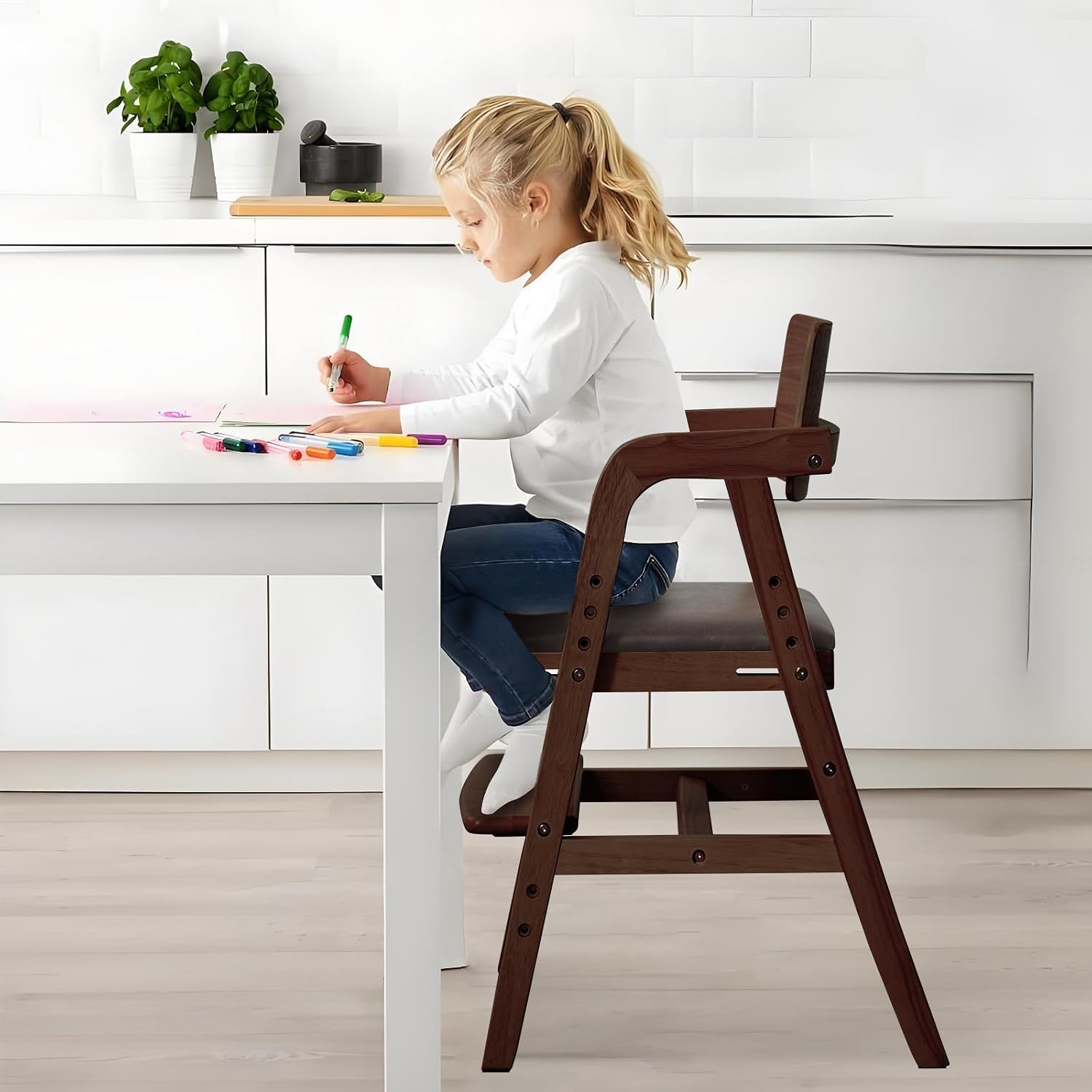 Wooden High Chair for Toddlers & Baby, Adjustable Dining Feeding Chair Grows with Kid, Ergonomic High Chair for Babies, Wipe Clean Skin-Friendly Cushion, for Home & Restaurant - Walnut