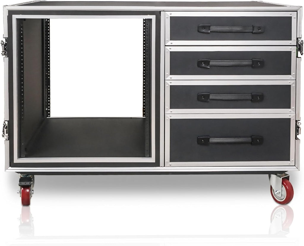 Sound Town Heavy-Duty 1/2' (12mm) Plywood Shock Mount 12U Workstation Rack Case with 4 Drawers and 2 Tables for Customizable Stage and Studio Equipment Storage, Pro Tour Grade (STRC-SP12U4DT2)