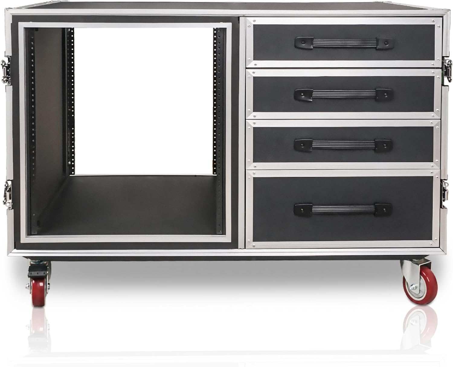 Sound Town Heavy-Duty 1/2' (12mm) Plywood Shock Mount 12U Workstation Rack Case with 4 Drawers and 2 Tables for Customizable Stage and Studio Equipment Storage, Pro Tour Grade (STRC-SP12U4DT2)