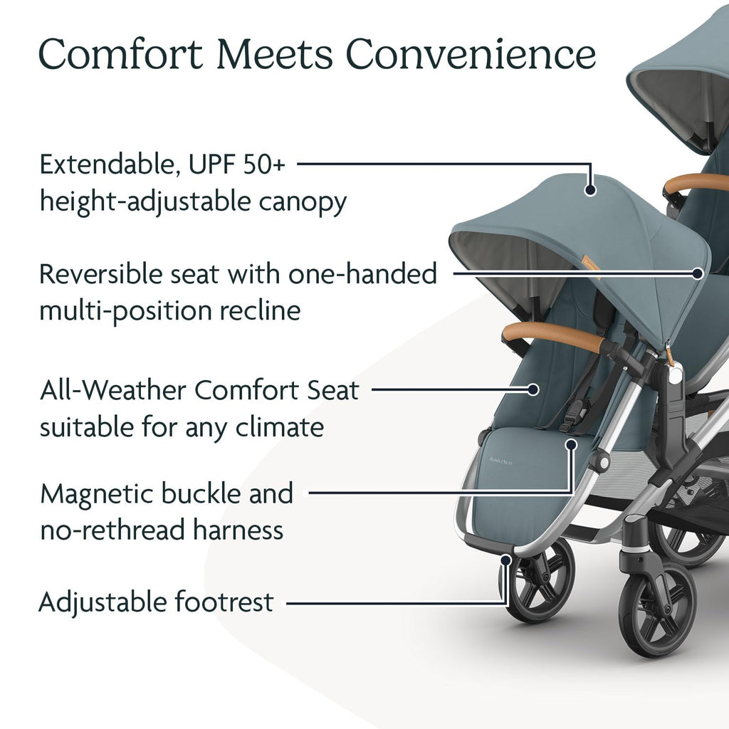 UPPAbaby RumbleSeat V3 Second Lower Seat - Compatible with Vista V2 and Vista V3 - All-Weather Seat + Magnetic Buckle – Adapters Included - Callum (Stone Blue/Silver Frame/Sand Leather)