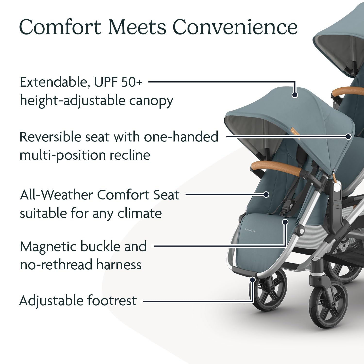 UPPAbaby RumbleSeat V3 Second Lower Seat - Compatible with Vista V2 and Vista V3 - All-Weather Seat + Magnetic Buckle – Adapters Included - Callum (Stone Blue/Silver Frame/Sand Leather)
