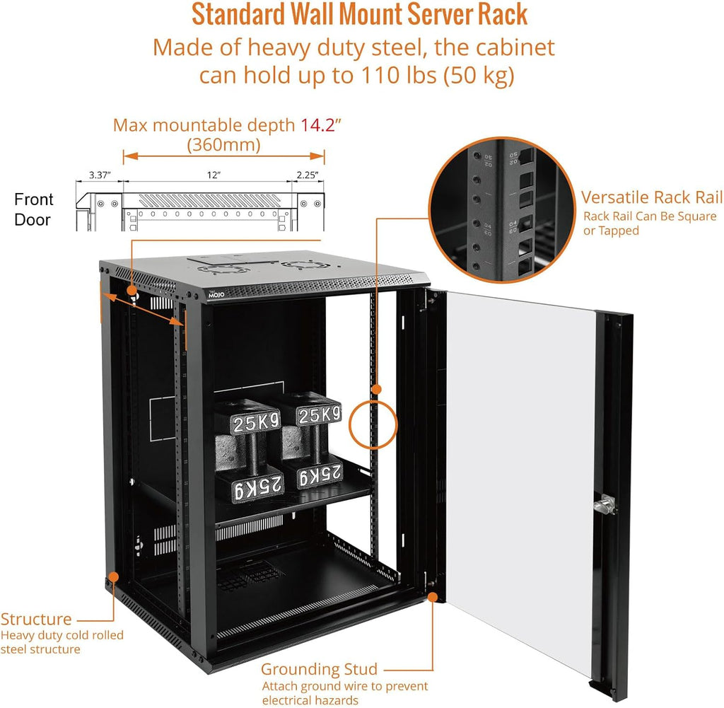 Tecmojo 15U Wall Mount Rack Network Cabinet for 19' IT Equipment,with Lockable Glass Door and Side Panels,Cooling Fan,17.7inch Depth,Black (15U)